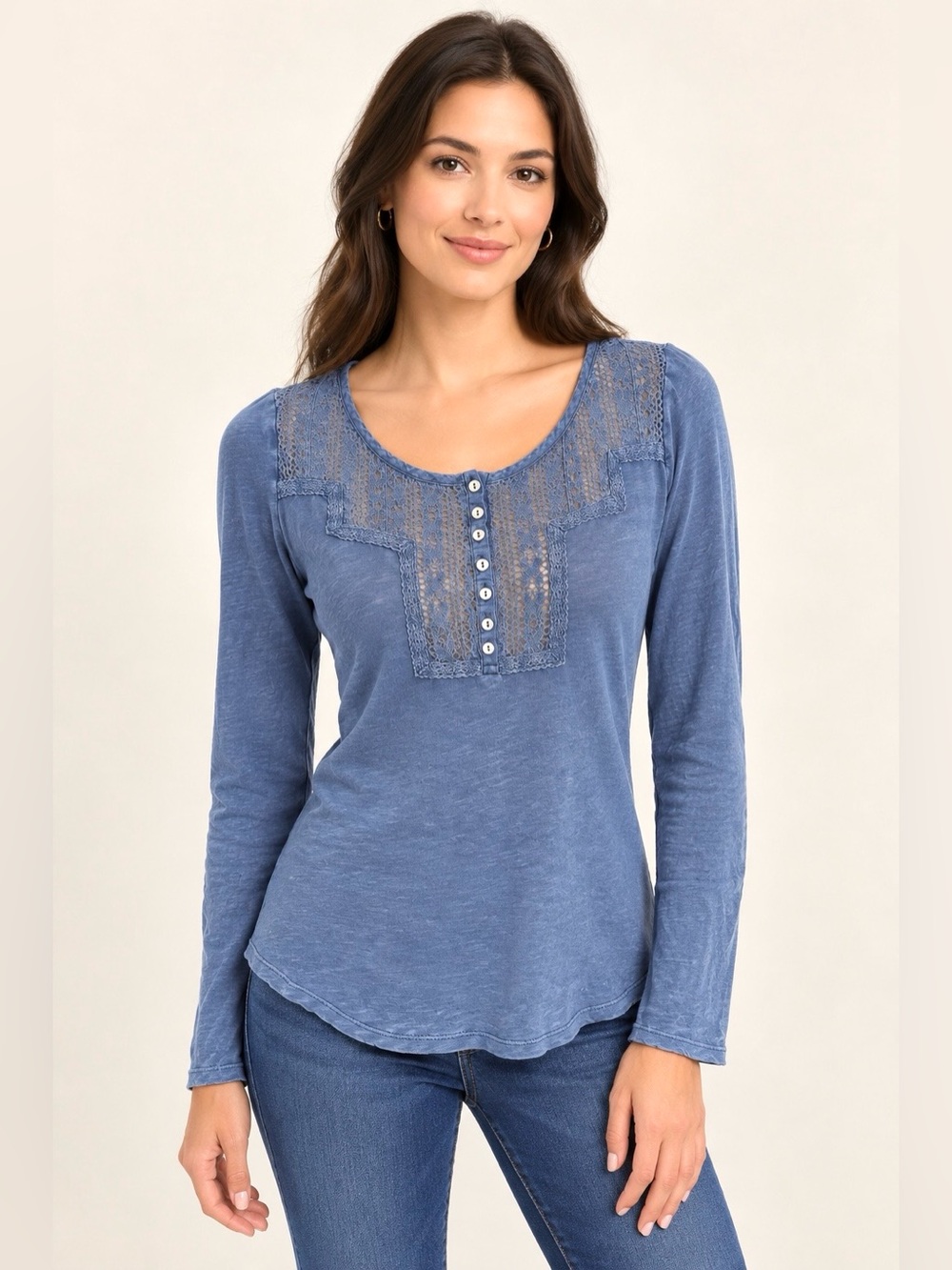 Forever 21 Women’s Lace-Trim Long Sleeve Top - Blue